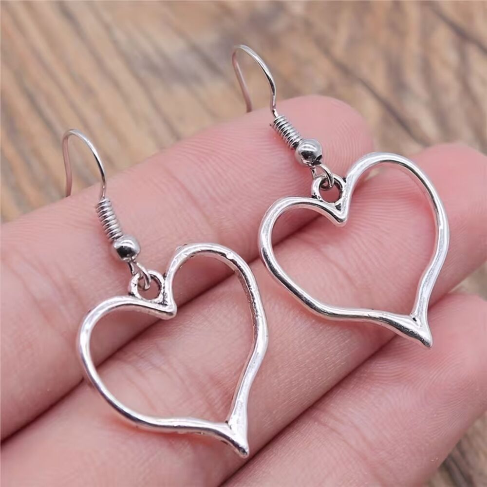 Silver Open Heart Drop Earrings Dangle Pendant Chunky Hook Back Large Charm